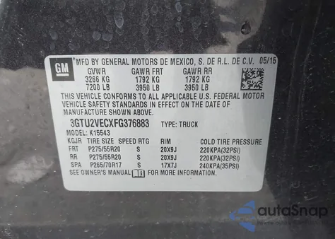 2015 GMC Sierra 1500 Slt z USA, uszkodzony, nr VIN 3GTU2VECXFG376883